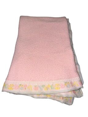 Vtg Curity Pink Acrylic Baby Blanket Satin ABC Print Trim 49” X 39”
